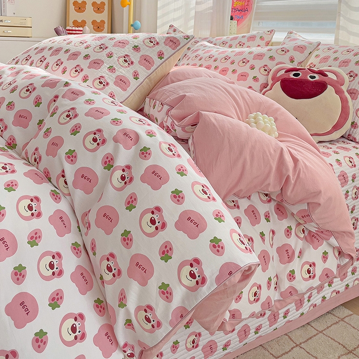 91家纺网 家纺一手货源 找家纺 羽爱家纺 2024新款全棉水洗棉花芯床盖套件 可可熊