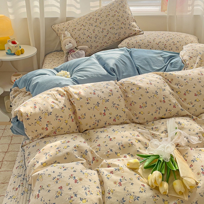 91家纺网 家纺一手货源 找家纺 羽爱家纺 2024新款全棉水洗棉花芯床盖套件 春色满园 