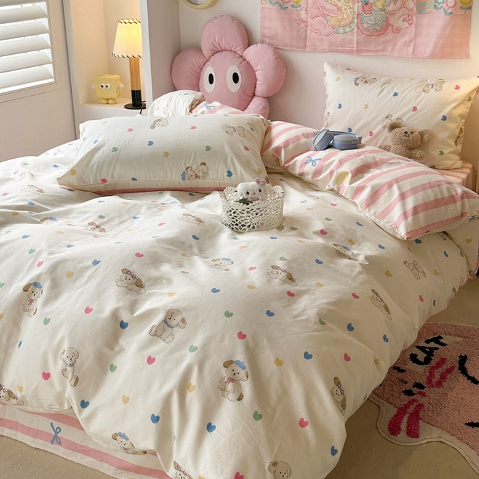 91家纺网 家纺一手货源 找家纺 昔可家纺 2024开春新款全棉印花四件套 彩心修狗