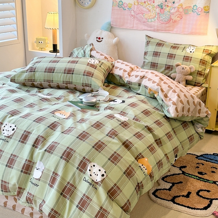 91家纺网 家纺一手货源 找家纺 昔可家纺 2024开春新款全棉印花四件套 格子小修狗