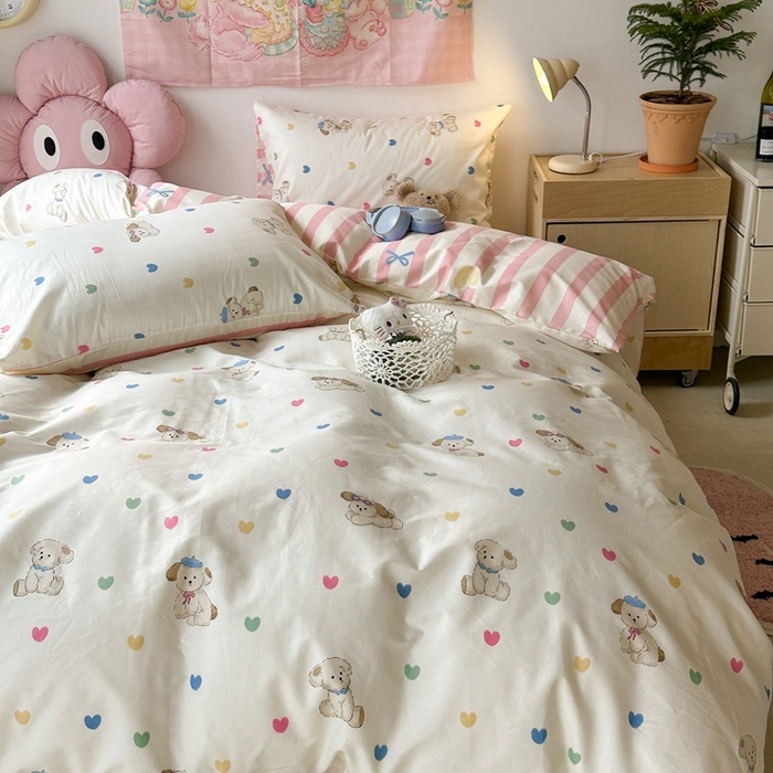 91家纺网 家纺一手货源 找家纺 昔可家纺 2024开春新款全棉印花四件套 彩心修狗