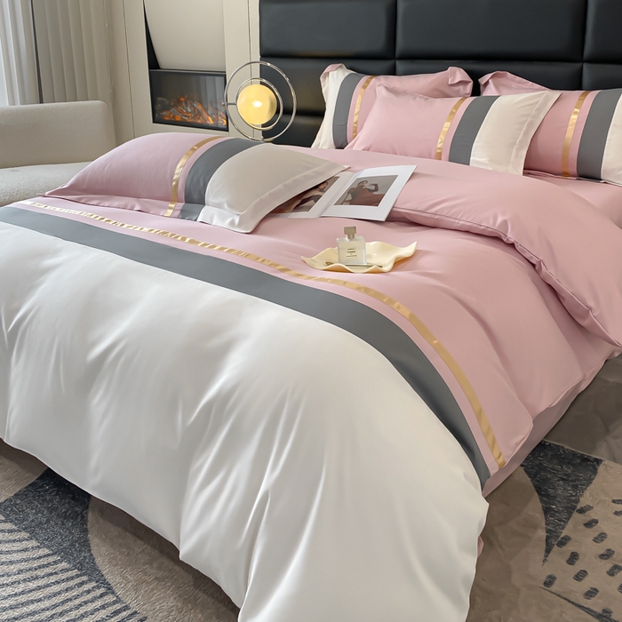 91家纺网 家纺一手货源 找家纺 苏源家居 2024新款亲肤棉纯色双拼轻奢北欧四件套-典雅系列 典雅-冰莓粉