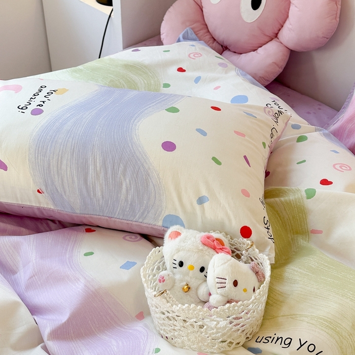 91家纺网 家纺一手货源 找家纺 昔可家纺 2024开春新款全棉印花四件套 波浪彩色点点