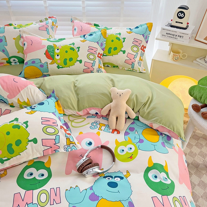 91家纺网 家纺一手货源 找家纺 楠沐家纺 2025新款亲肤柔软水洗棉磨毛印花四件套 怪兽大学