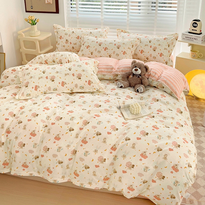 91家纺网 家纺一手货源 找家纺 楠沐家纺 2025新款亲肤柔软水洗棉磨毛印花四件套 彩虹猴