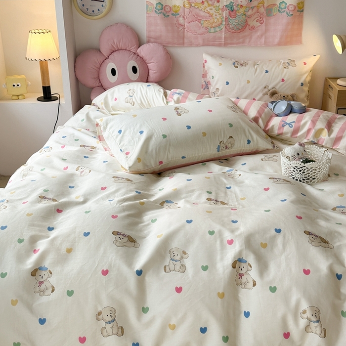 91家纺网 家纺一手货源 找家纺 昔可家纺 2024开春新款全棉印花四件套 彩心修狗