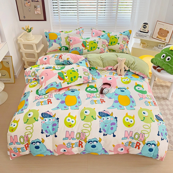 91家纺网 家纺一手货源 找家纺 楠沐家纺 2025新款亲肤柔软水洗棉磨毛印花四件套 怪兽大学