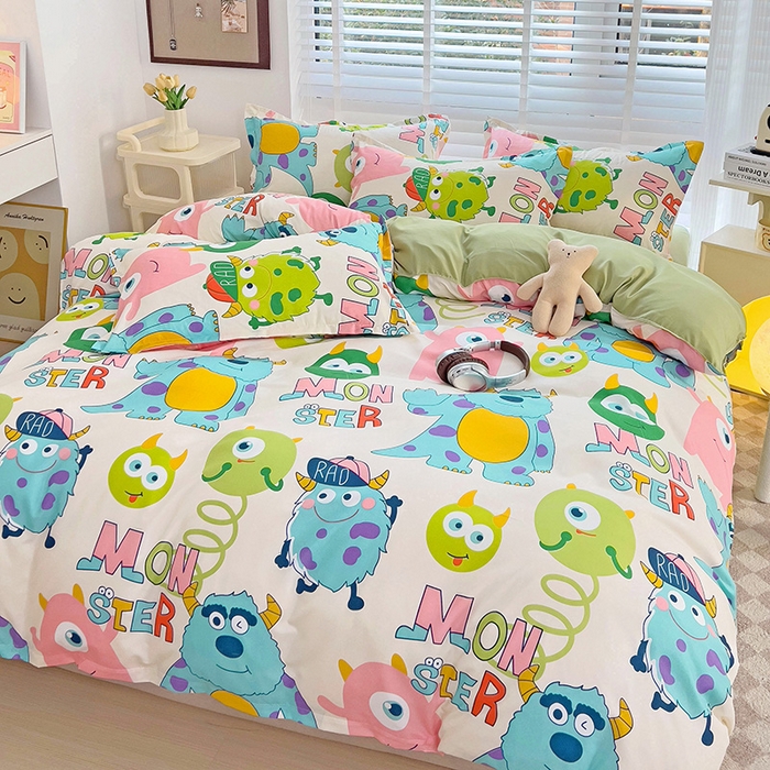 91家纺网 家纺一手货源 找家纺 楠沐家纺 2025新款亲肤柔软水洗棉磨毛印花四件套 怪兽大学