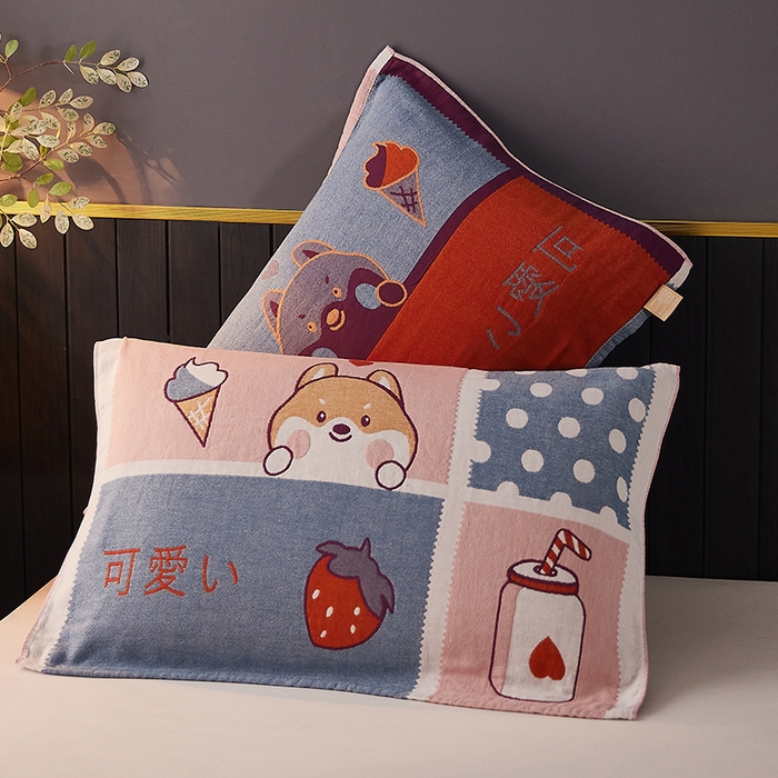 91家纺网 家纺一手货源 找家纺 爱港家纺 2024新款新疆棉水洗色织纱布单人情侣枕巾一对装 可爱狗