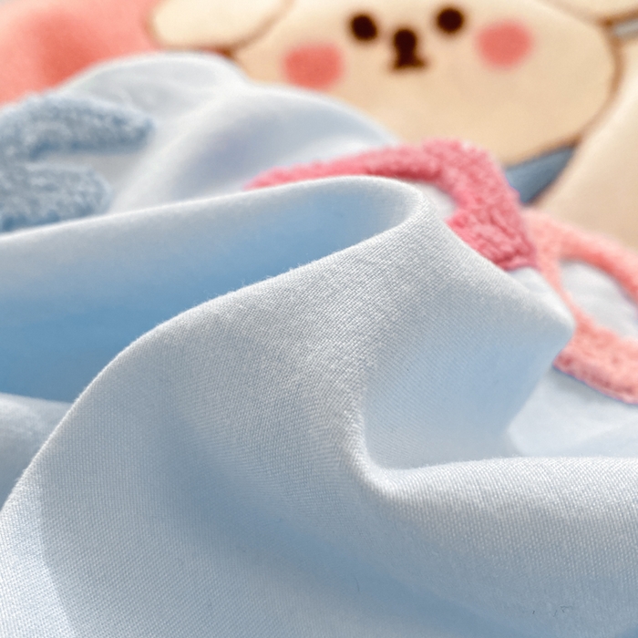 91家纺网 家纺一手货源 找家纺 易禾家纺 2024新款专板花型亲肤水洗棉毛巾绣四件套-跳跳狗 跳跳狗-蓝