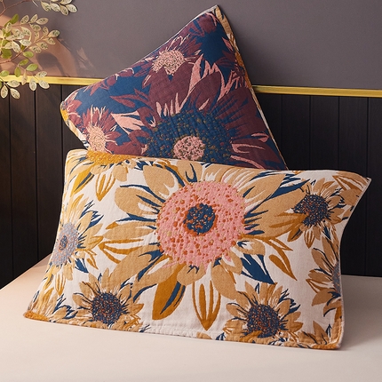 91家纺网 家纺一手货源 找家纺 爱港家纺 2024新款新疆棉水洗色织纱布单人情侣枕巾一对装 向日葵