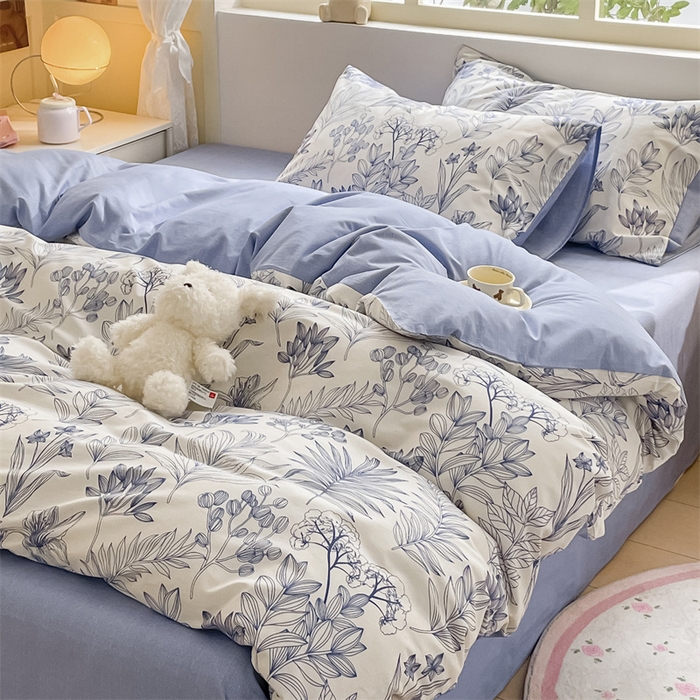 91家纺网 家纺一手货源 找家纺 启程2024新款全棉13372印花四件套直播爆款法式复古碎花系列 霜叶-蓝