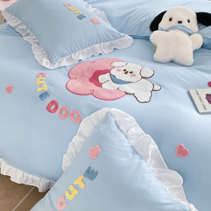 91家纺网 家纺一手货源 找家纺 易禾家纺 2024新款专板花型亲肤水洗棉毛巾绣四件套-跳跳狗 跳跳狗-蓝