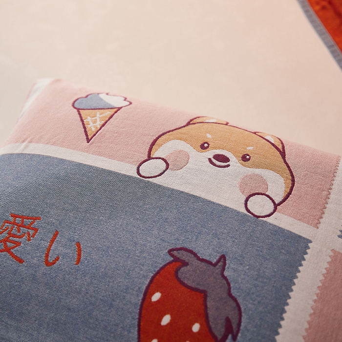 91家纺网 家纺一手货源 找家纺 爱港家纺 2024新款新疆棉水洗色织纱布单人情侣枕巾一对装 可爱狗