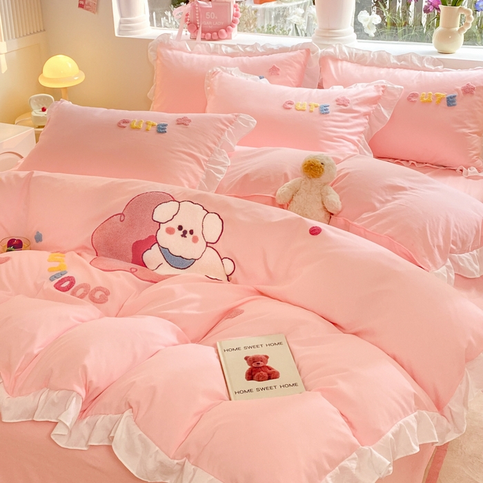 91家纺网 家纺一手货源 找家纺 （总）易禾家纺 2024新款专板花型亲肤水洗棉毛巾绣四件套-跳跳狗