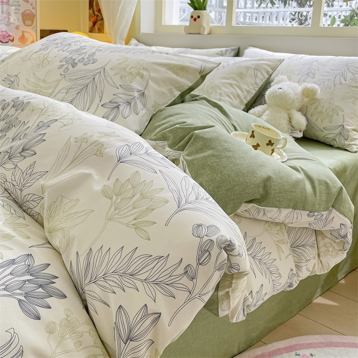 91家纺网 家纺一手货源 找家纺 启程2024新款全棉13372印花四件套直播爆款法式复古碎花系列 霜叶-绿