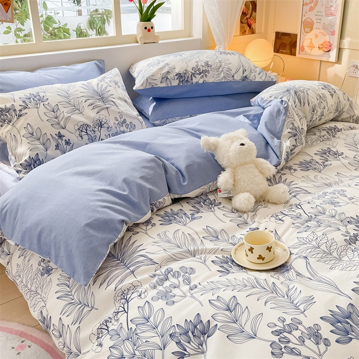 91家纺网 家纺一手货源 找家纺 启程2024新款全棉13372印花四件套直播爆款法式复古碎花系列 霜叶-蓝