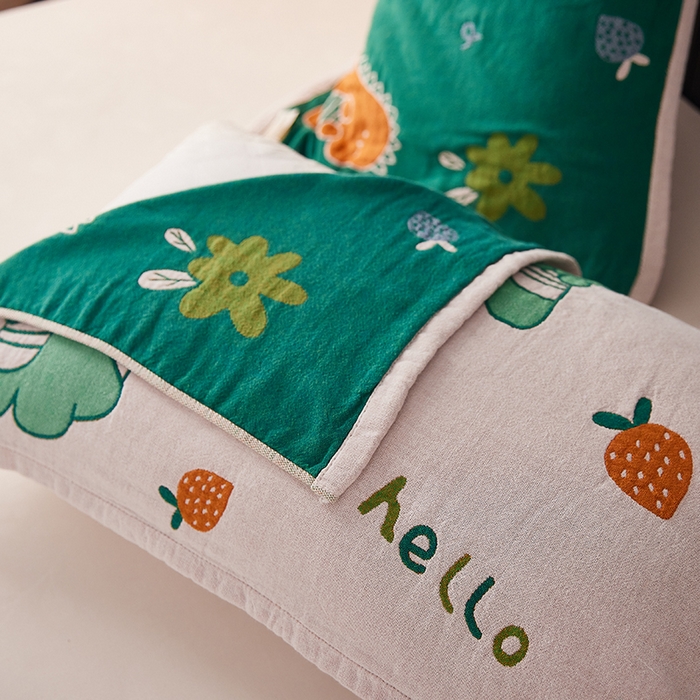 91家纺网 家纺一手货源 找家纺 爱港家纺 2024新款新疆棉水洗色织纱布单人情侣枕巾一对装 绿恐龙