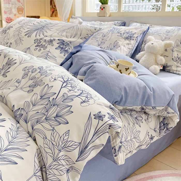 91家纺网 家纺一手货源 找家纺 启程2024新款全棉13372印花四件套直播爆款法式复古碎花系列 霜叶-蓝