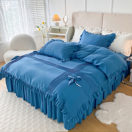 91家纺网 家纺一手货源 找家纺 yyds网供 2024新款韩版公主风加高床裙款四件套非全棉纯棉夹棉春夏床裙床单床笠【有买家秀】 幸运海蓝