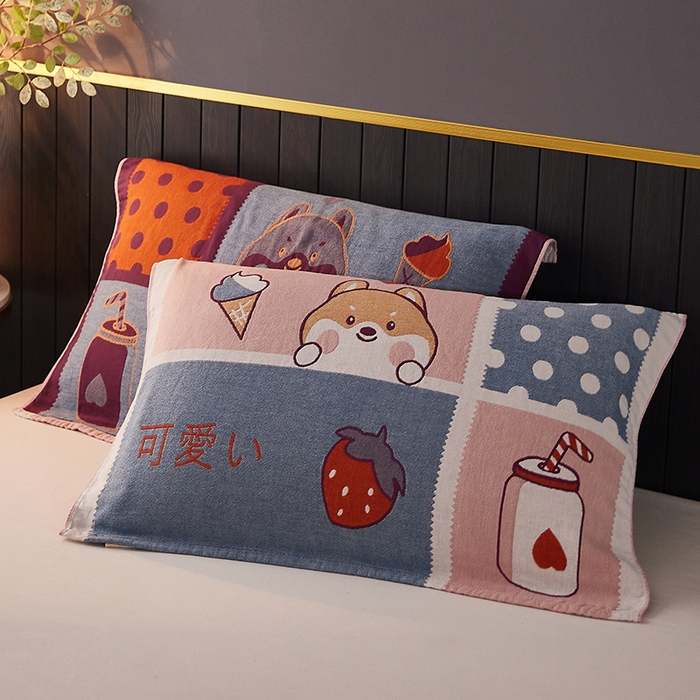 91家纺网 家纺一手货源 找家纺 爱港家纺 2024新款新疆棉水洗色织纱布单人情侣枕巾一对装 可爱狗