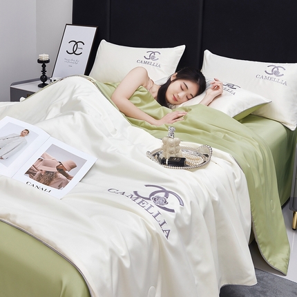 91家纺网 家纺一手货源 找家纺 （总）利欧 2025新款水洗冰丝刺绣夏被四件套-茶花系列