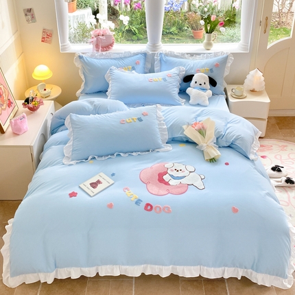 91家纺网 家纺一手货源 找家纺 易禾家纺 2024新款专板花型亲肤水洗棉毛巾绣四件套-跳跳狗 跳跳狗-蓝