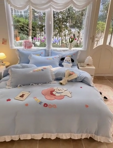 91家纺网 家纺一手货源 找家纺 易禾家纺 2024新款专板花型亲肤水洗棉毛巾绣四件套-跳跳狗 跳跳狗-蓝