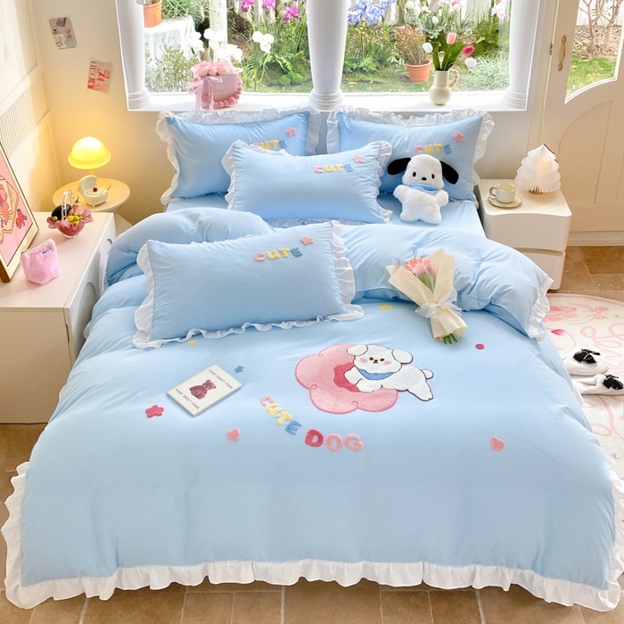 91家纺网 家纺一手货源 找家纺 易禾家纺 2024新款专板花型亲肤水洗棉毛巾绣四件套-跳跳狗 跳跳狗-蓝