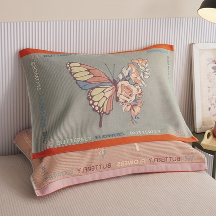 91家纺网 家纺一手货源 找家纺 爱港家纺 2024新款工艺夏季凉感纱纱布枕巾 蝶恋花