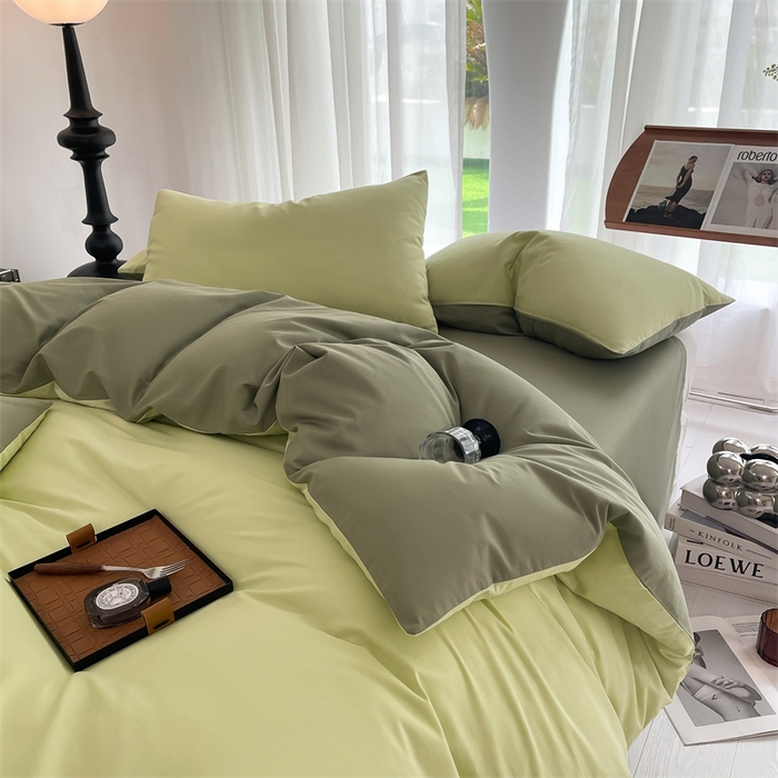 91家纺网 家纺一手货源 找家纺 多品家纺 2024新款全棉纯色双拼四件套 竹纱绿