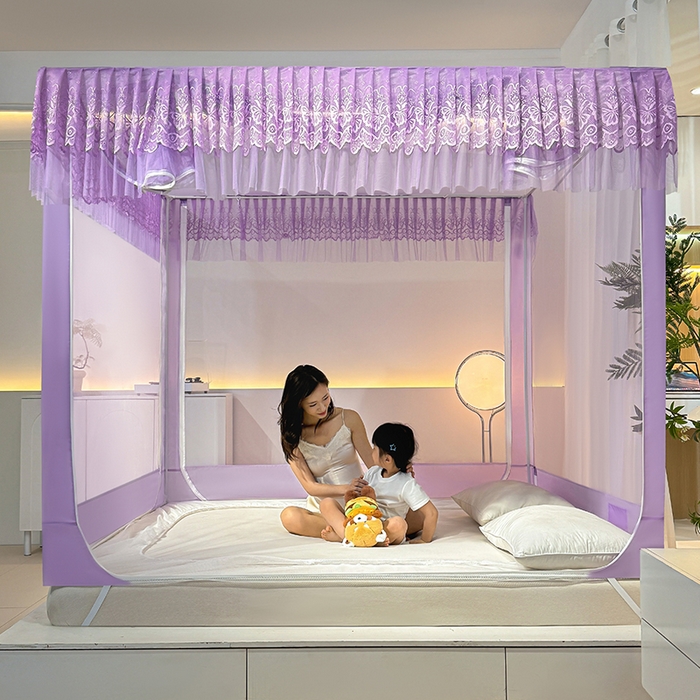 91家纺网 家纺一手货源 找家纺 青竹苑 2024新款内穿蕾丝花边坐床蚊帐 爱丽丝-暗夜紫
