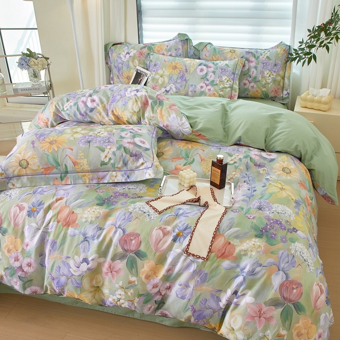 91家纺网 家纺一手货源 找家纺 启航家居 2025春夏全棉铂金棉数码印花四件套 洛香忆梦绿