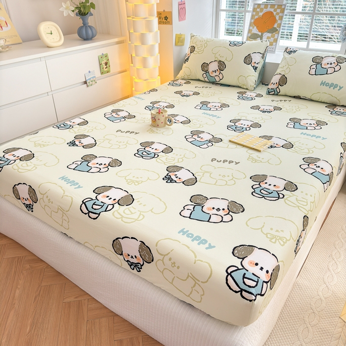 91家纺网 家纺一手货源 找家纺 清雅福 2024新款全棉13372小清新单床笠 班尼狗