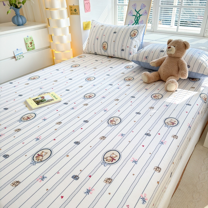 91家纺网 家纺一手货源 找家纺 清雅福 2024新款全棉13372小清新单床笠 熊骑士