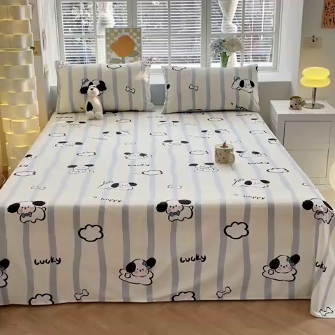 91家纺网 家纺一手货源 找家纺 清雅福 2024新款全棉13372小清新单床单 条纹狗狗