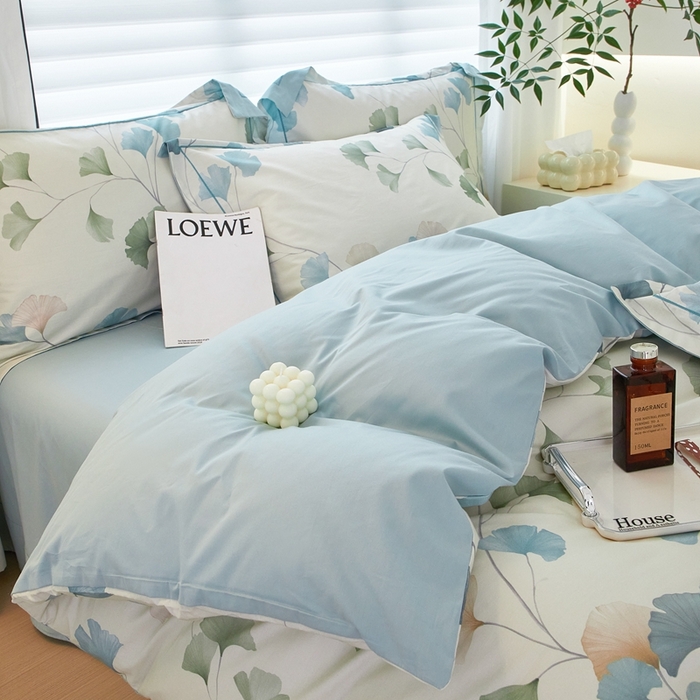 91家纺网 家纺一手货源 找家纺 启航家居 2025春夏全棉铂金棉数码印花四件套 浅碧舞绿