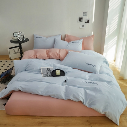 91家纺网 家纺一手货源 找家纺 多品家纺 2024新款全棉纯色绣花四件套 浅兰+水粉