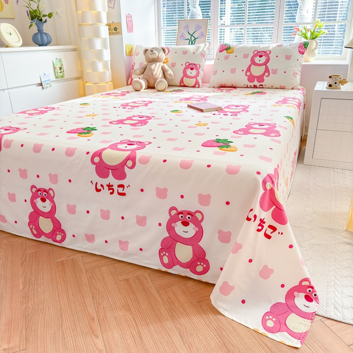 91家纺网 家纺一手货源 找家纺 清雅福 2024新款全棉13372小清新单床单 开心草莓熊