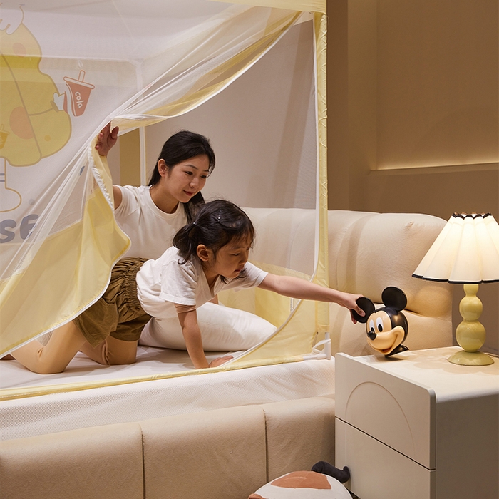 91家纺网 家纺一手货源 找家纺 青竹苑 2024新款围栏款印花坐床蚊帐蒙古包防摔睡帐 围栏-奶酪芝士