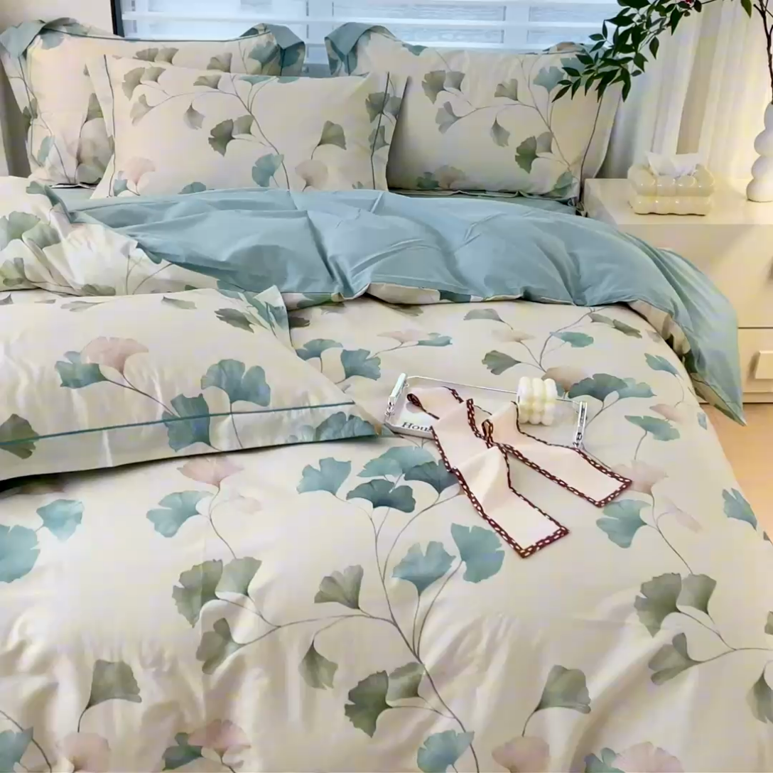 91家纺网 家纺一手货源 找家纺 启航家居 2025春夏全棉铂金棉数码印花四件套 浅碧舞绿