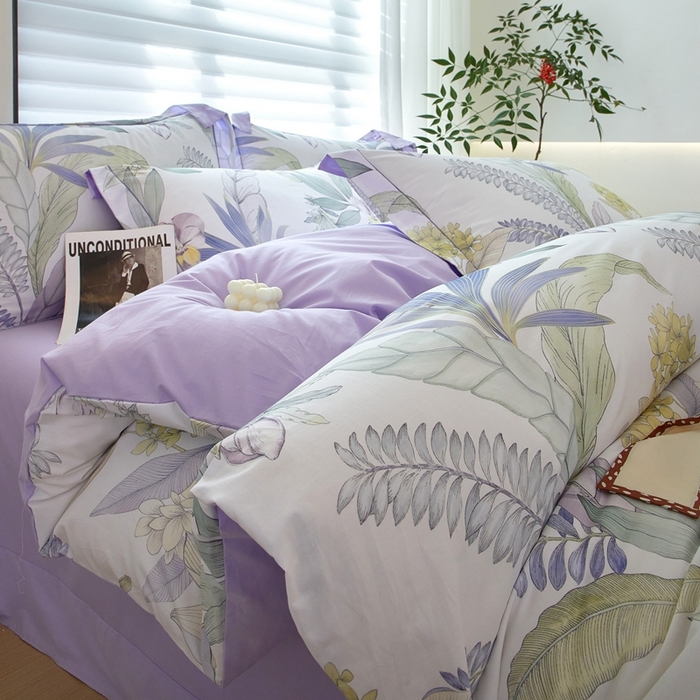 91家纺网 家纺一手货源 找家纺 启航家居 2025春夏全棉铂金棉数码印花四件套 花意飘香紫