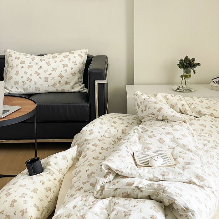 91家纺网 家纺一手货源 找家纺 窝米 2024春季新品全棉双层纱系列四件套 美丽熊