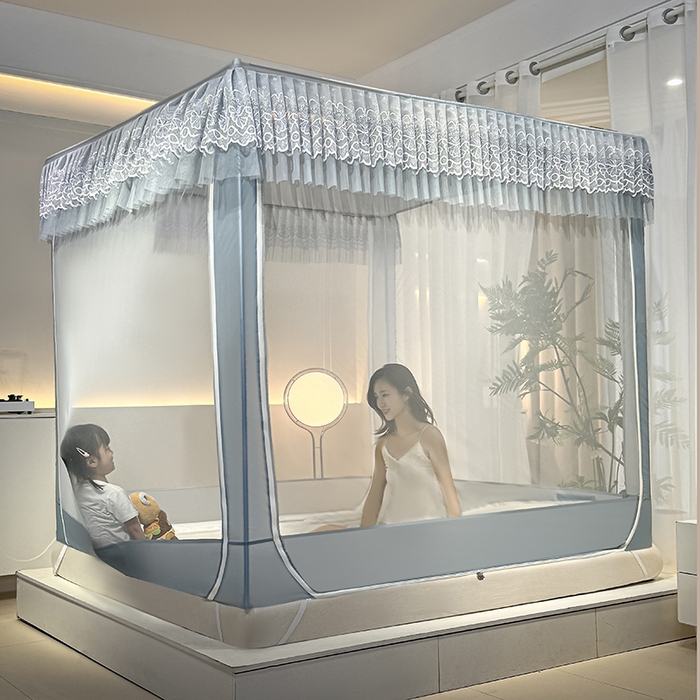 91家纺网 家纺一手货源 找家纺 青竹苑 2024新款内穿蕾丝花边坐床蚊帐 爱丽丝-蓝灰