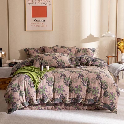 91家纺网 家纺一手货源 找家纺 双层纱家居 2023新款纽扣aa款双层纱四件套 花开富贵粉