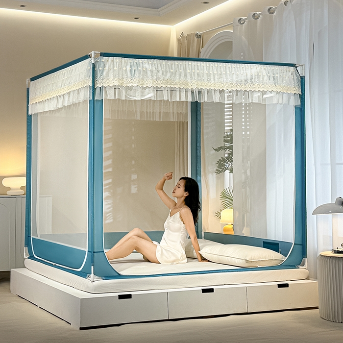 91家纺网 家纺一手货源 找家纺 青竹苑 2024新款铃兰花开外穿蕾丝花边坐床蚊帐 铃兰花开-孔雀绿