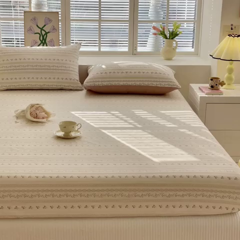 91家纺网 家纺一手货源 找家纺 清雅福 2024新款全棉13372小清新单床笠 樱桃花