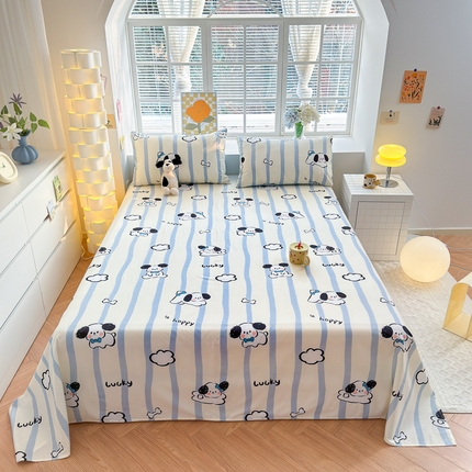 91家纺网 家纺一手货源 找家纺 清雅福 2024新款全棉13372小清新单床单 条纹狗狗