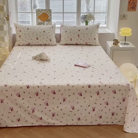 91家纺网 家纺一手货源 找家纺 清雅福 2024新款全棉13372小清新单床单 爱心樱桃