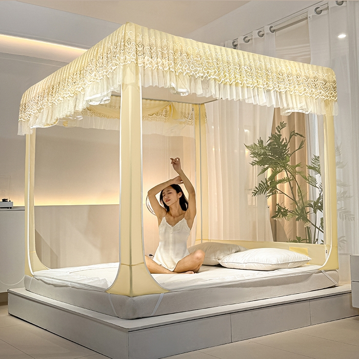 91家纺网 家纺一手货源 找家纺 青竹苑 2024新款内穿蕾丝花边坐床蚊帐 爱丽丝-嫩黄